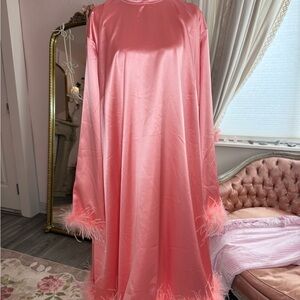 Ivy City Co Pink Satin Long Sleeve Dress with Feather Trim